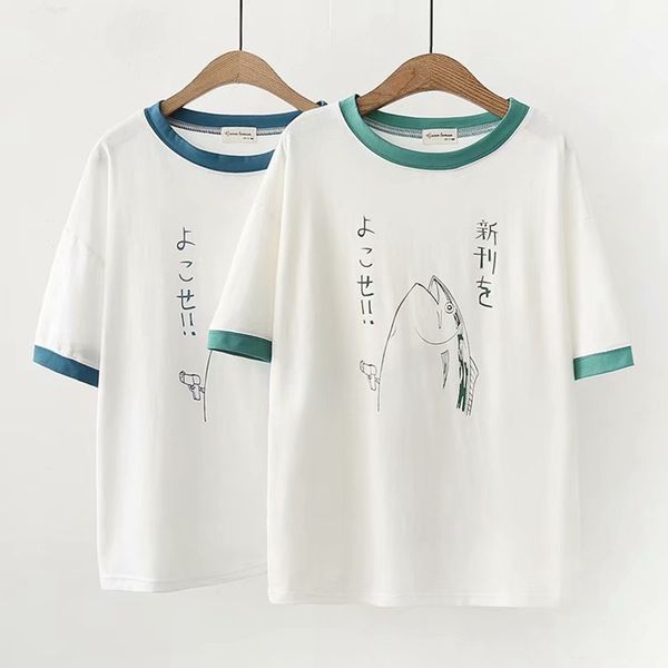 

women cartoon fish japanese style casual t shirt white o neck short sleeve tees