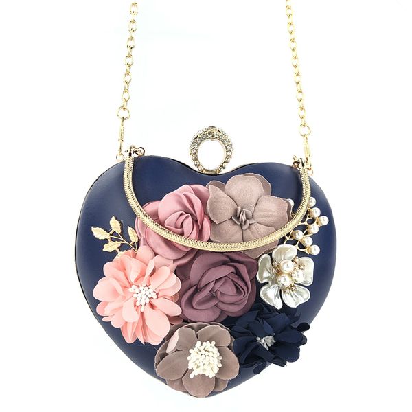 

selling flower design evening bag metallic handle heart shape purse handbag for party wedding -b5