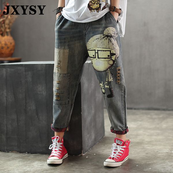 

women's jeans jxysy high waist women fashion vintage cartoon dog little girl print denim harem pants female spring autumn trousers, Blue