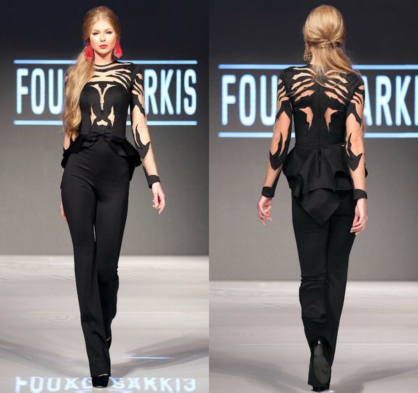 

2019 black women jumpsuit with train jewel neck lace appliques beads evening dresses custom made prom dress long sleeve formal party gowns, Black;red