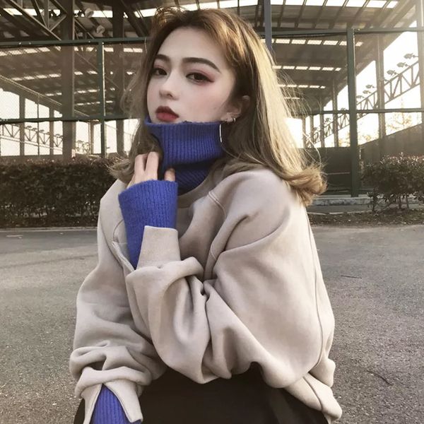 

autumn winter korean women's clothing runaway harajuku oversize hoodies high collar long sleeve loose sweatshirt pullover, Black