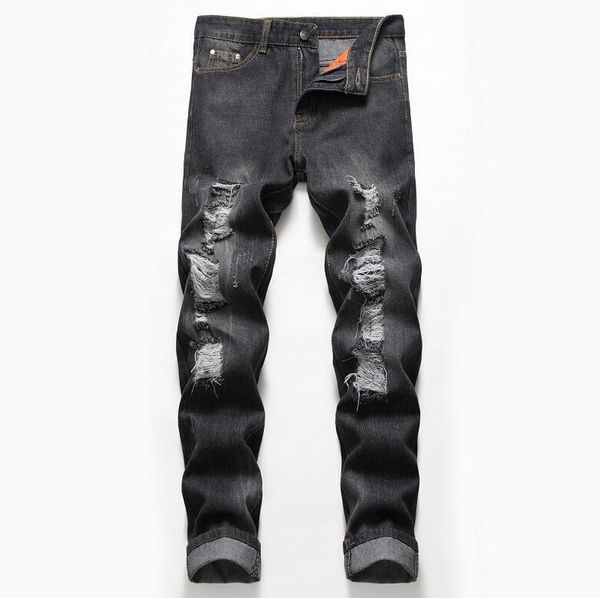 

big size mens classic straight leg ripped jeans fashion designer slim fit washed solid hole biker hip hop retro black denim pants jb2, Blue