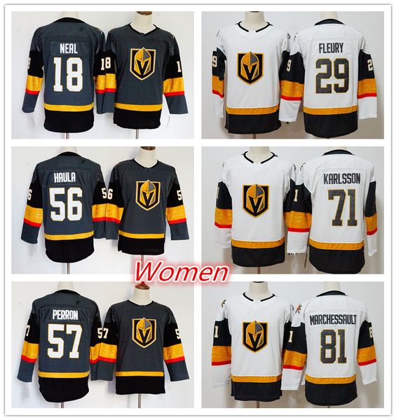 

Women's 29 Marc-Andre Fleury 18 James Neal 71 William Karlsson 56 Erik Haula 57 Perron 81 Marchessault Gray White hockey Jersey Stitched