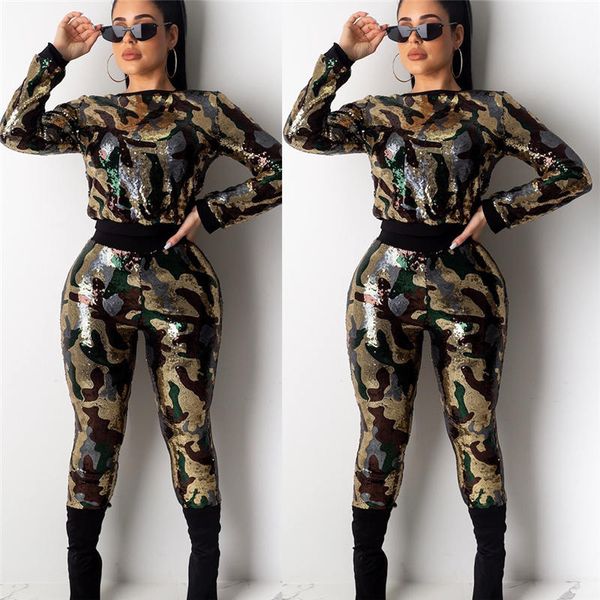 

женщины камуфляж печатные 2pcs брюки пуловер блестки с длинным рукавом секты полный брюки мода повседневная женская одежда, White