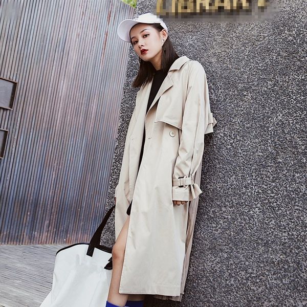 

2019 new female long sleeve big size overcoat women pleated trench coat pockets fashion loose patchwork long windbreaker, Tan;black