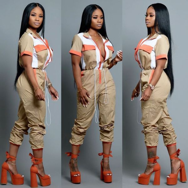 

zipper lapel tie casual one-piece nightclub clothing women's jumpsuits rompers women's long pants, Black;white