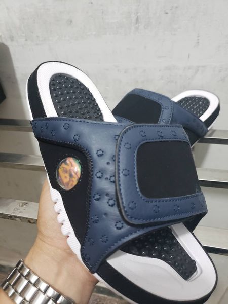 

2019 new arrival 13s black blue leather with brown eye black bubble sole sandals outdoor shoes men shoe size us7-us13