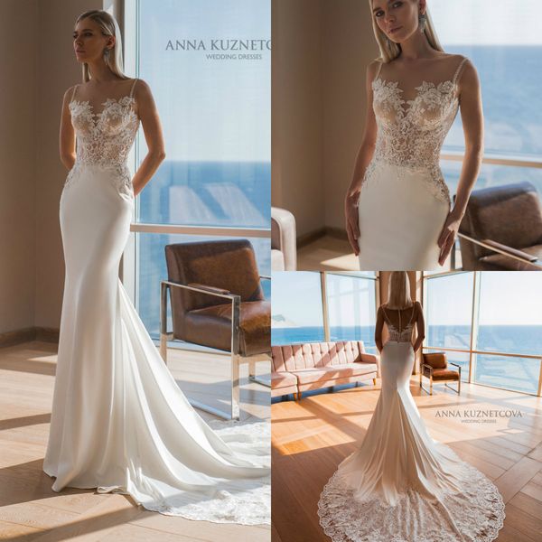 

2019 mermaid wedding dresses lace appliqued illusion sweep train boho wedding dress bridal gowns spaghetti plus size abiti da sposa, White