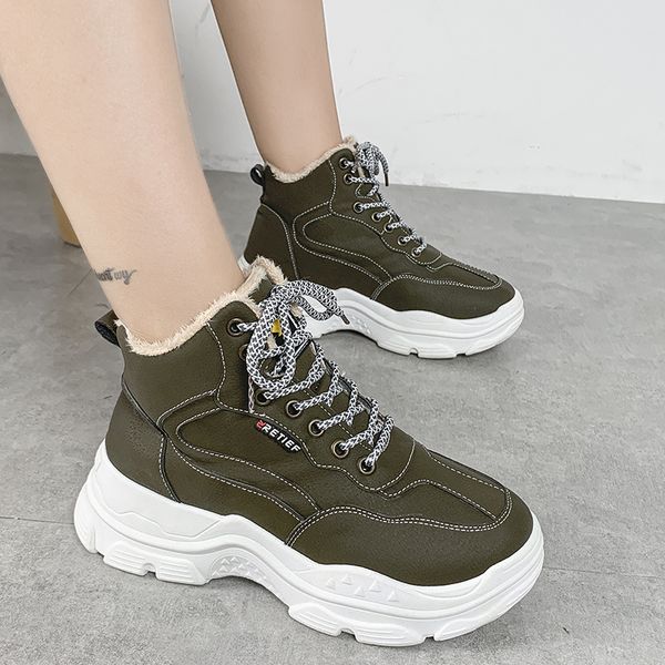 

wdhkun short boots women winter plush keep warm fashion thick bottom round toe platform lace flock leisure women ankle boots, Black