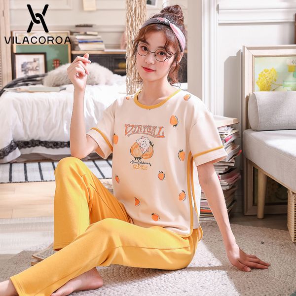 

летние хлопчатобумажные корейские пижамы для женщин печатный круглый вырез с коротким рукавом топ + длинные брюки пижамные наборы спортивные, Black;red