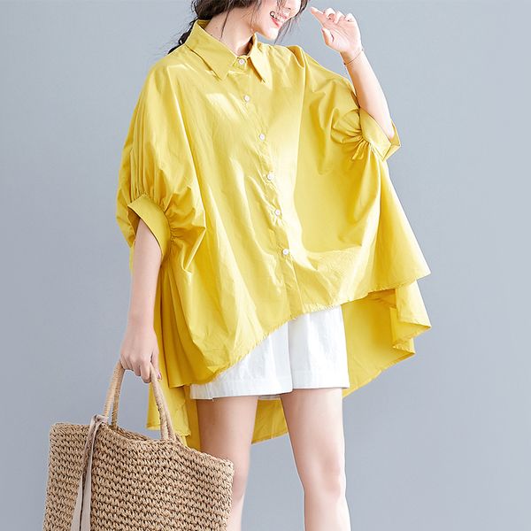 

women's blouses & shirts [ewq] 2021 spring summer arrivals turn down collar batwing short sleeve solid pattern women casual irregular s, White