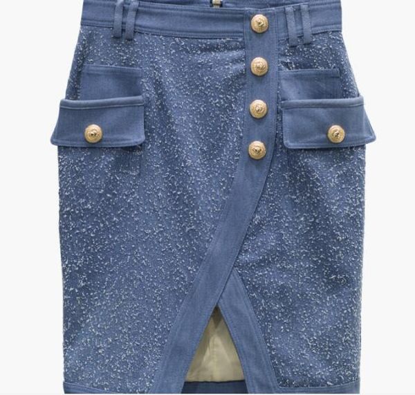 

2019 spring europe and america show women's scrub lion buckle split irregular denim skirt, Black