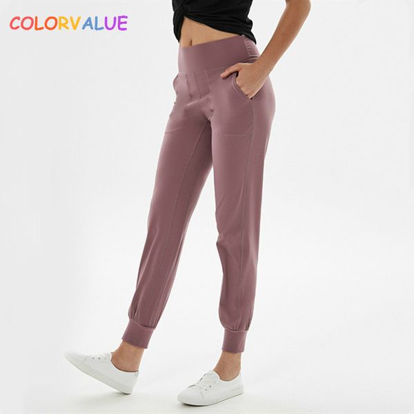 

colorvalue high waist squatproof fitness joggers yoga pants women stretchy running workout sport trousers with two side pocket, White;red