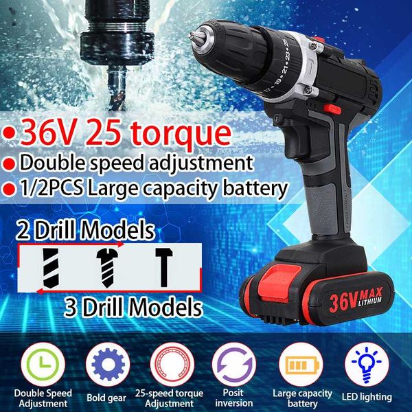 

36v electric cordless drill double-speed adjustment led worklight electric drill set wood drilling tools