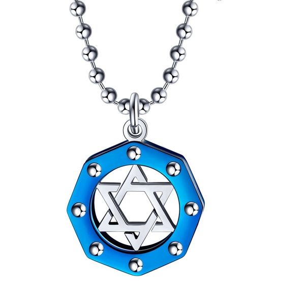 

new fashion hip hop bling chains jewelry men silver color necklace six-star pendant stainless steel chain blue black necklaces for men