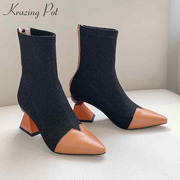 

krazing pot 2019 cow leather zipper winter european strange style high heels mixed color pointed toe stretch mid-calf boots l0f2, Black