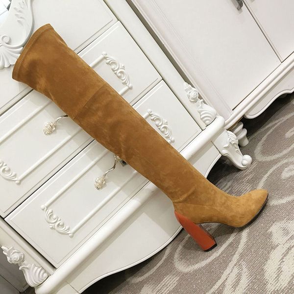 

europe and america autumn and winter new square head stretch high heel women over knee boots women thick heel knight boots, Black