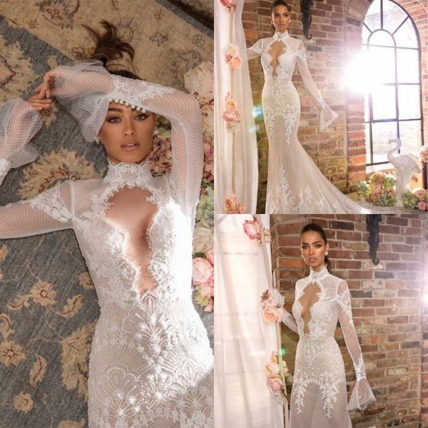 

elihav sasson 2019 mermaid wedding dresses beaded high neck long sleeve court train trumpat country garden plus size lace bridal gowns, White