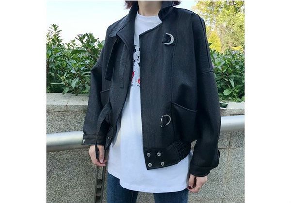

fashion women faux leather casual jacket loose batwing sleeve pu coat rivet pockets spliced turn-down biker jacket, Black