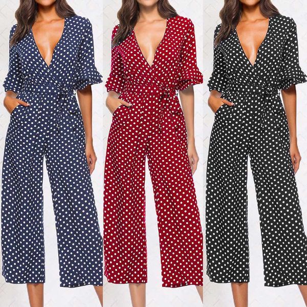 

women polka dot printed v-neck solid color jumpsuit wide leg pants long jumpsuit bandage playsuit palazzo mujer jumpsuit#35#35, Black;white