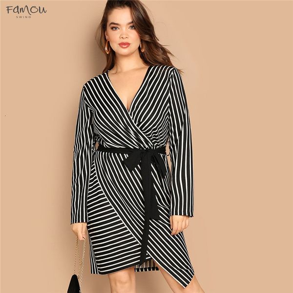 

And Black White Plus Size Deep V Neck Striped Autumn Dress Asymmetrical Hem Women Workwear Dresses Out Elegant Going Designer Clothes