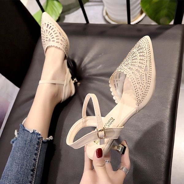 

gauze closed-toe sandals women's thin heeled new style straight-line buckle women's shoes pointed-toe high heel shoes, Black