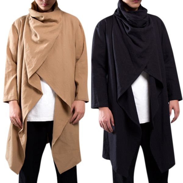 

streetwear hoody cardigan men long outwear shirts long sleeve irregular male cloak casual trench mantle coat outfits trench big, Tan;black