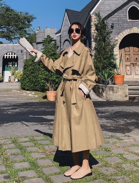 

a16 new windbreaker women's mid-length long waist women's fashion fashionable temperament jacket women 2020, Tan;black