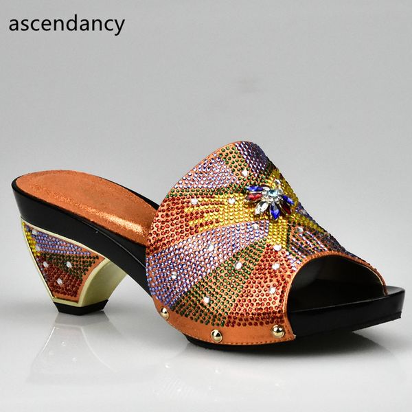 

orange color elegant rhinestone wedding shoes italian women sandals shoe for party african wedding low heels slip on women pumps, Black