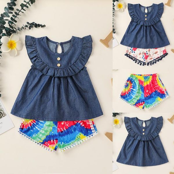 

toddler baby girls clothes summer denim ruffle +tie dyed tassel shorts girl outfits child set ropa infantil 1 2 3 4 years, White