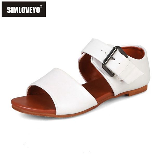 

simloveyo 2020 woman spring summer elegant flat sandals open toe flat heel one-button buckle plus size 33-48 casual date b1852, Black