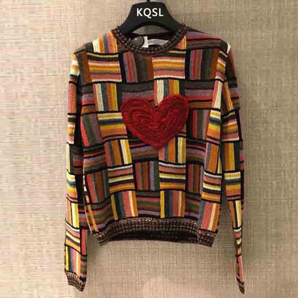 

runway heart embroidery knitted sweater women 2019 rainbow striped long sleeve pullover autumn winter clothes women, White;black