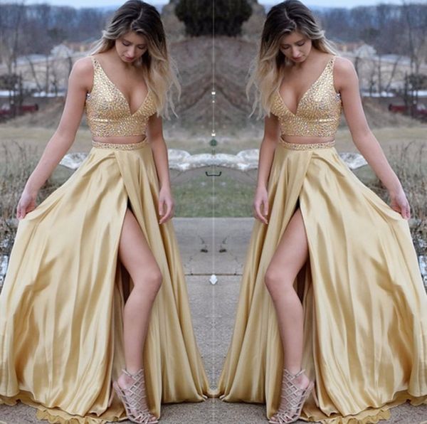 

sexy a-line женщины длинные бисером две пьесы вечерние платья с боковой щелью vestido де феста атласные платья выпускного вечера, Black;red
