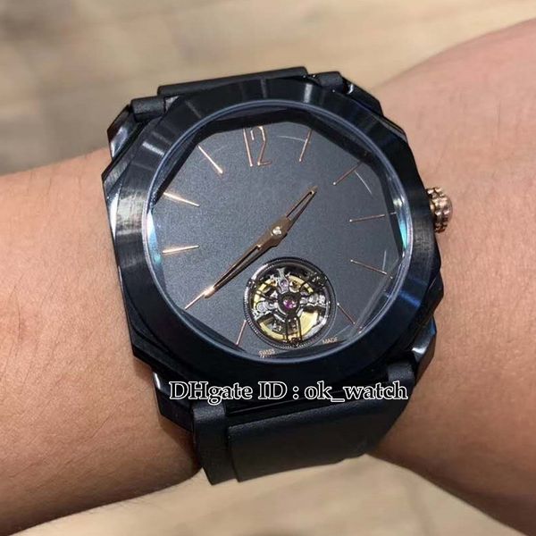 

new 41mm octo finissimo 102560 tourbillon automatic mens watch black dial black rubber strap pvd black steel case gents sport watches, Slivery;brown