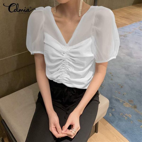 

women's blouses & shirts celmia stylish women mesh see-through summer white blouse v neck pleated ruffles blusas short sleeve work