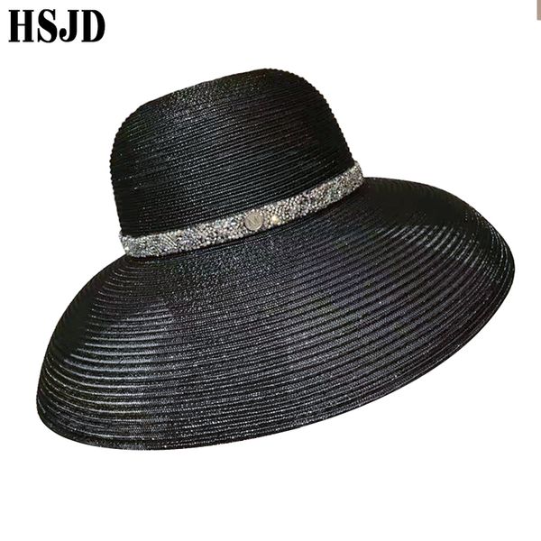 

2020 summer elegant wide brim beach hat hepburn style rhinestone belt sun hats female foldable uv protection sun visor caps, Blue;gray