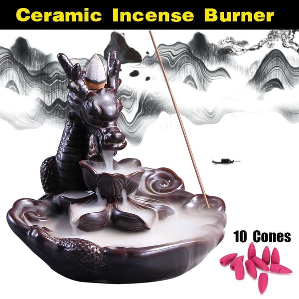 

backflow incense burner creatives home decor ornaments ceramic dragon incense holder censer for living room + 10 pcs cones