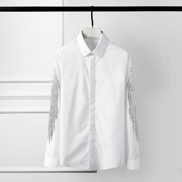 

shirts mens plus size 4xl luxury eagle wings drill long sleeve mens dress shirts fashion slim casual man, White;black