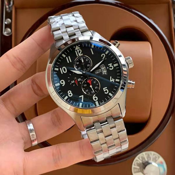 

горячие luxury pilot мужские часы из нержавеющей стали ремешок кварцевый хронограф military наручные часы с календарем высокого качества, му, Slivery;brown