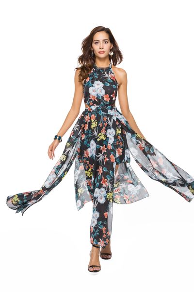 

designer woman summer dresses print dresses backless with belt sleeveless long summer dress split dress, Black;gray