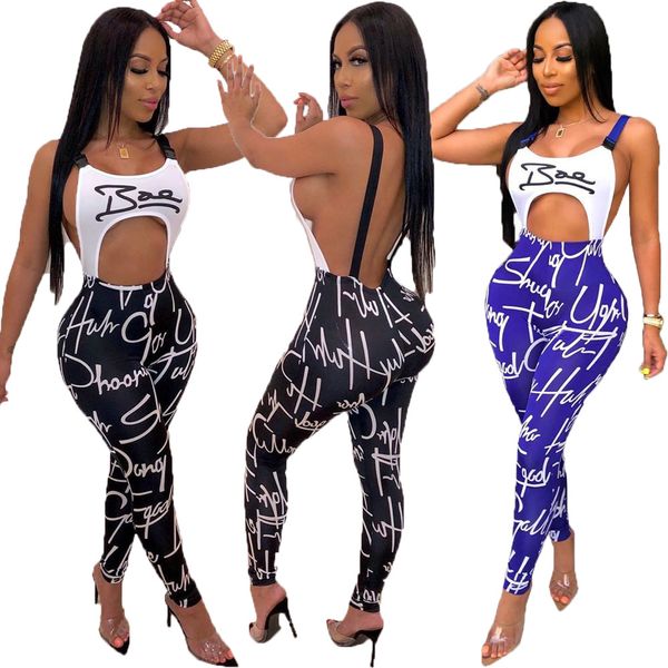 

women jumpsuits 2020 summer nightclub style rompers womens fashion letter print camisole jumpsuits backless waistless rompers, Black;white
