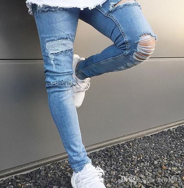 

новые мужчины спандекс stretch эластичные джинсы ноги рваные с отверстием проблемные разрушенный вскользь джинсы, Blue