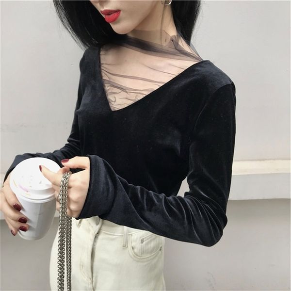 

women's v-neck stitching mesh gold velvet long sleeve t- versatile solid shirt color slim base shirt, White