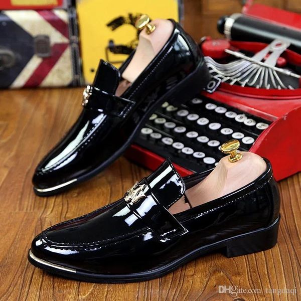 

british nightclub stylist leather shoes men fall korean version of men's pointed small leather shoes business casual groom wedding shoe, Black