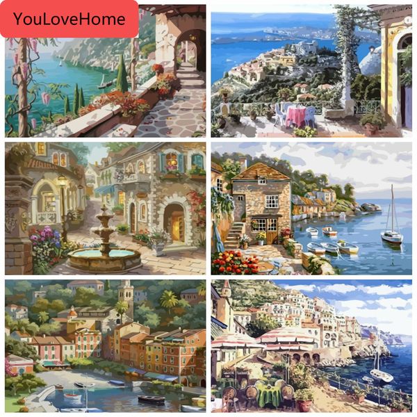 

diy oil painting by numbers scenery unframe handpainted gift coloring by numbers canvas kits town decor for home paint by number