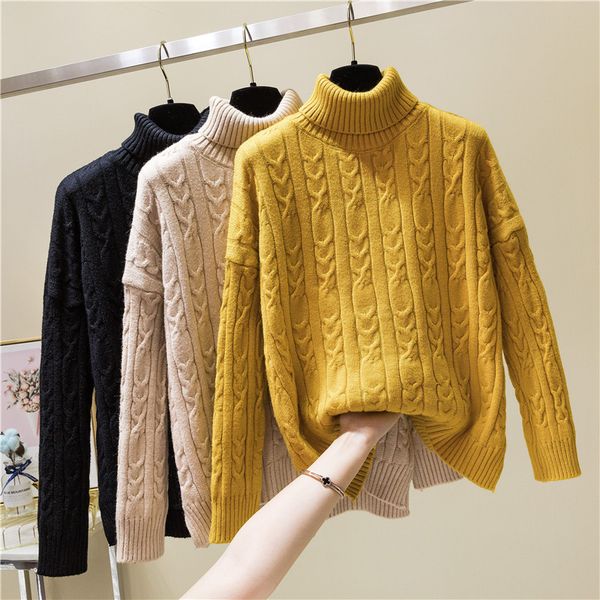 

women sweater casual loose pullover jumper turtleneck knitted sweater women 2019 autumn winter oversized solid warm wnderwear, White;black