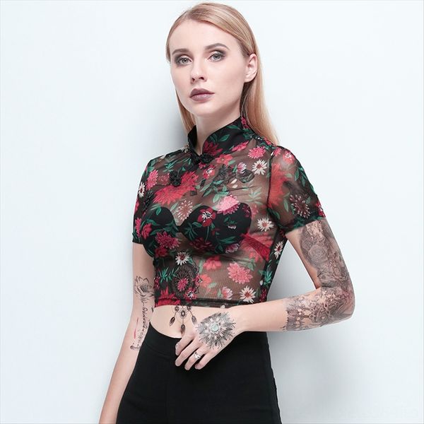 

stitching mesh short flower inst stitching mesh female short t- t-shirt flower inst shirt female, White