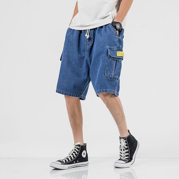 

men summer elastic waist loose casual cargo harem short jeans male streetwear hip hop fashion denim trousers plus size shorts, Blue