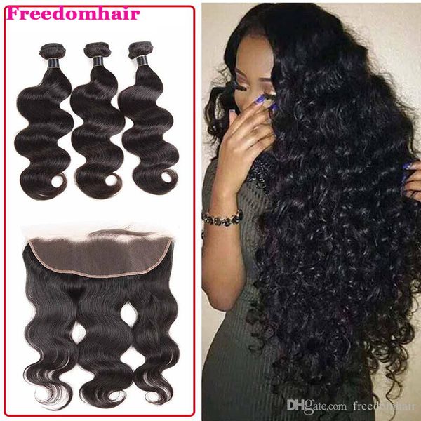 

волосы связка с фронтальным straight бразильских перуанского индийского virgin пучки волос с 13x4 фронтальной закрытие тело deep water wave, Black;brown