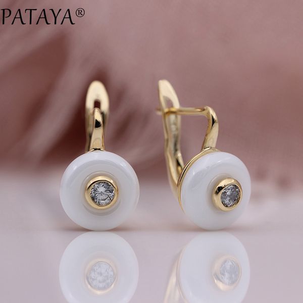 

pataya new ceramic dangle earrings 585 rose gold natural zircon round earring women cute white gift wedding fine fashion jewelry, Silver